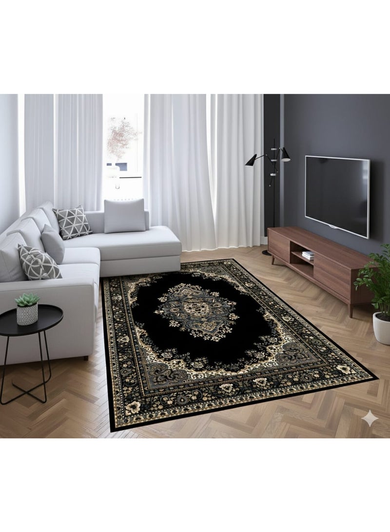 سجادة مودرن بديل سجاد مطبوعة، تصميم كلاسيكي تركي، مقاس 160×230 سم - ألوان متعددة (اسود، رمادي، ذهبي) - Image 1